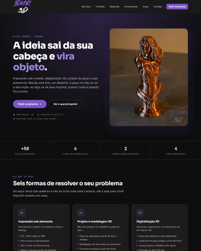 Página inicial do site da BMR 3D